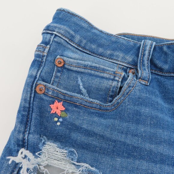 American Eagle Women 8 Midi Blue Jean Denim Shorts Embroidered Flower Distressed - Picture 2 of 12